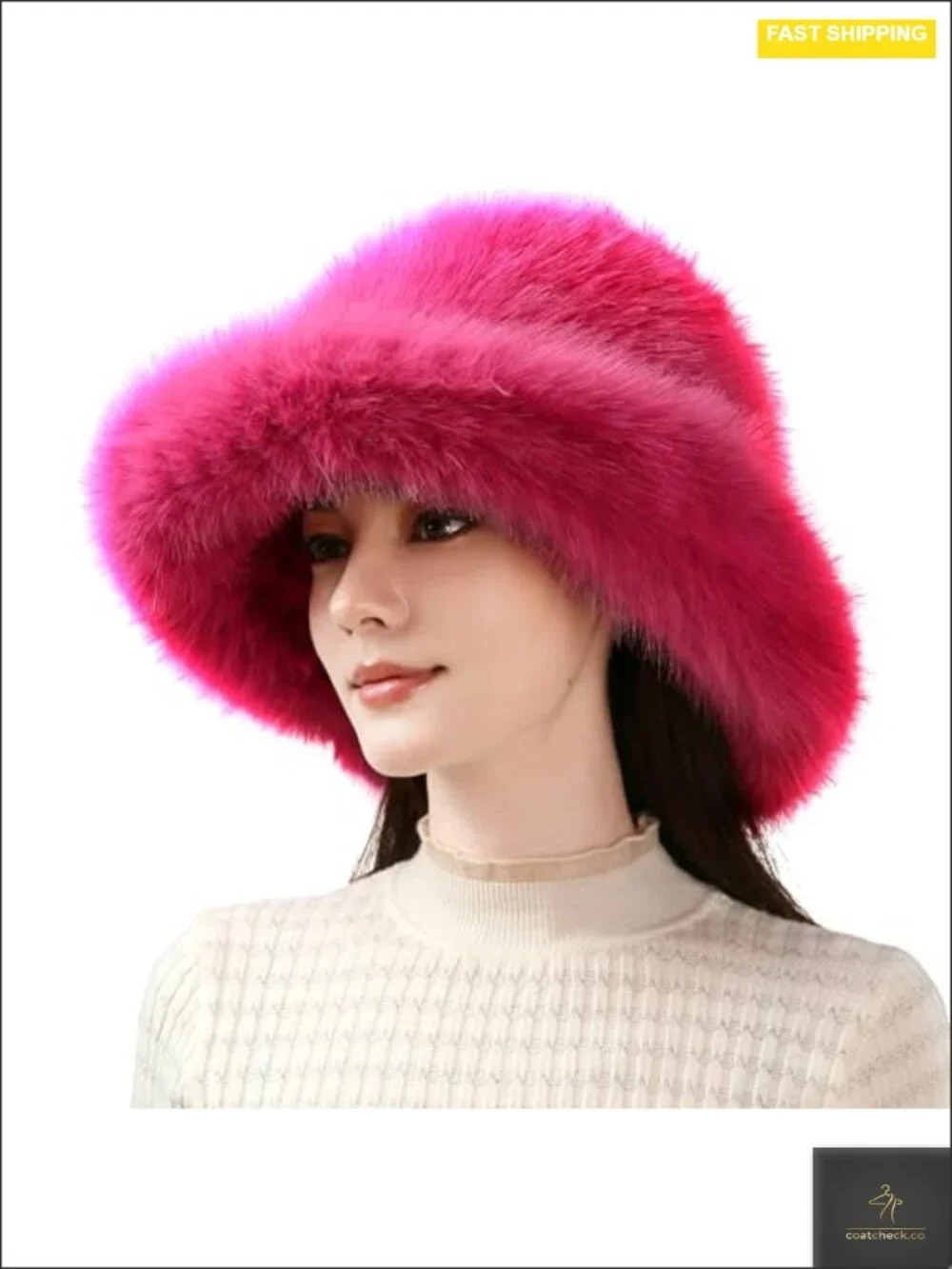 Luxury Faux Fur Oversized Brim Bucket Hat - Super Soft Fluffy Winter Beanie